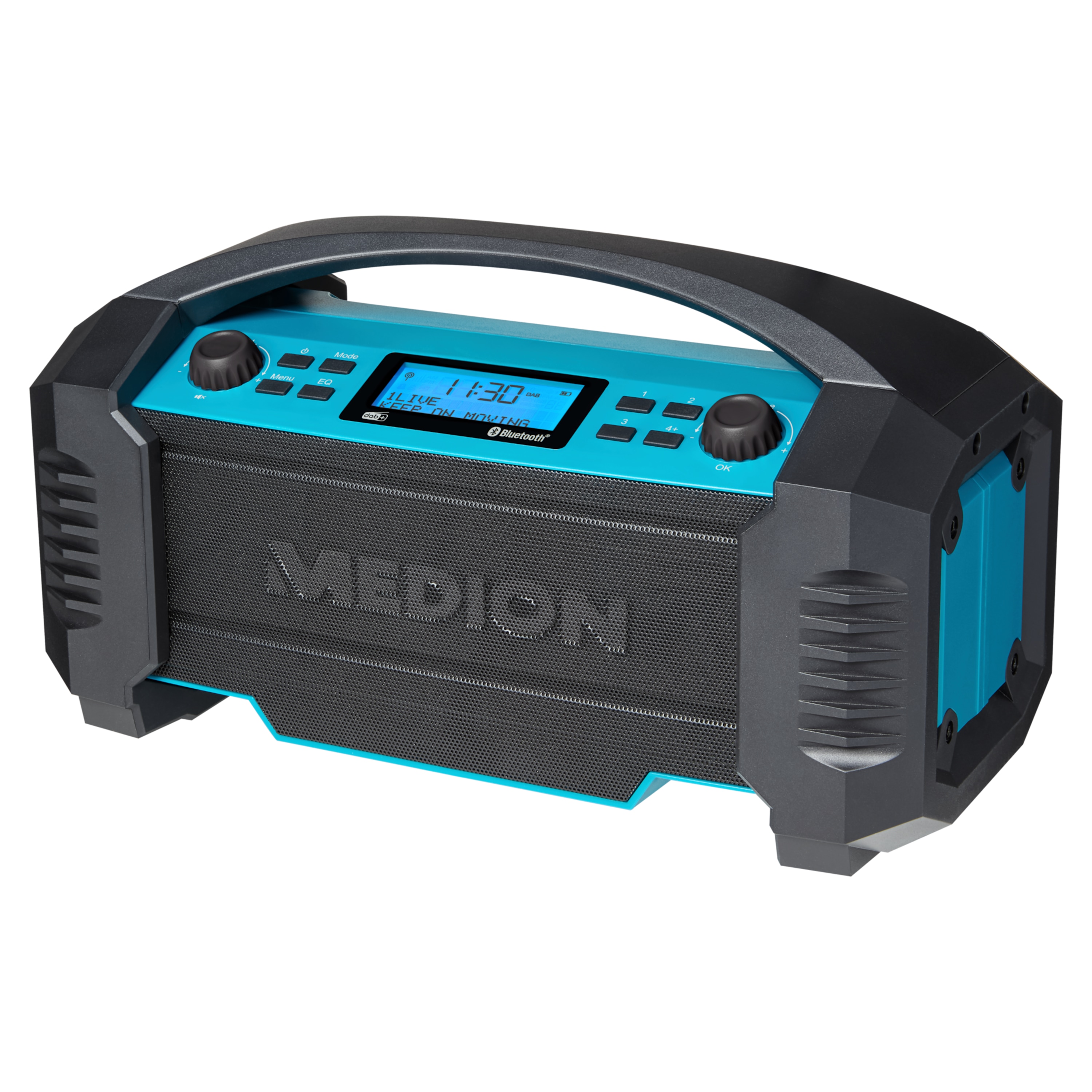 MEDION LIFE® E66050 DAB+/Bluetooth®-Baustellenradio, ideal für Baustellen, Garten oder Camping, IP54 Schutz gegen Spritzwasser & Staub, 7 Soundeinstellungen, integr. Akku, 15 W RMS